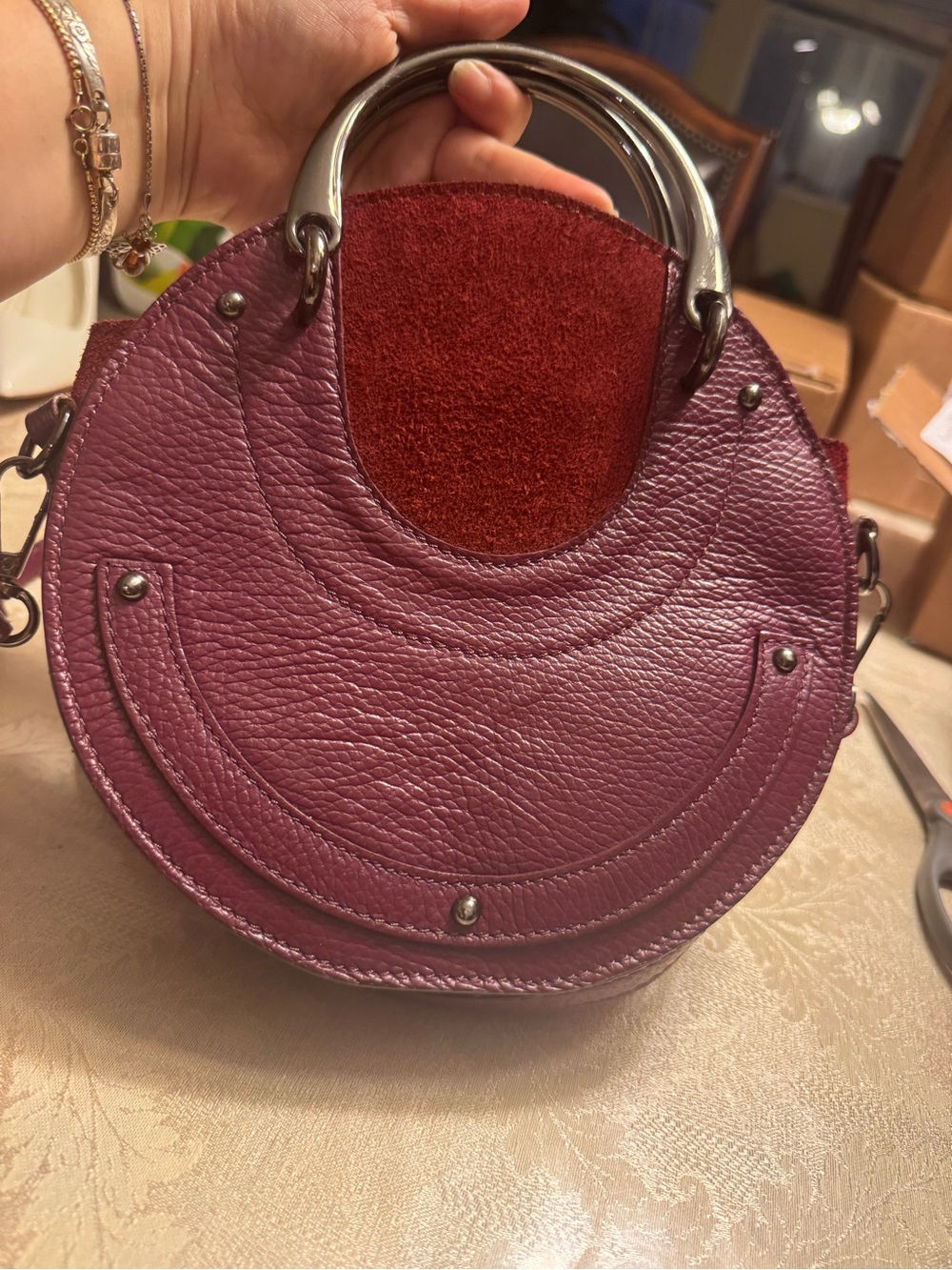 Isabella Rhea Italy Burgundy Pebbled Leather Circle Crossbody Bag Round Handbag